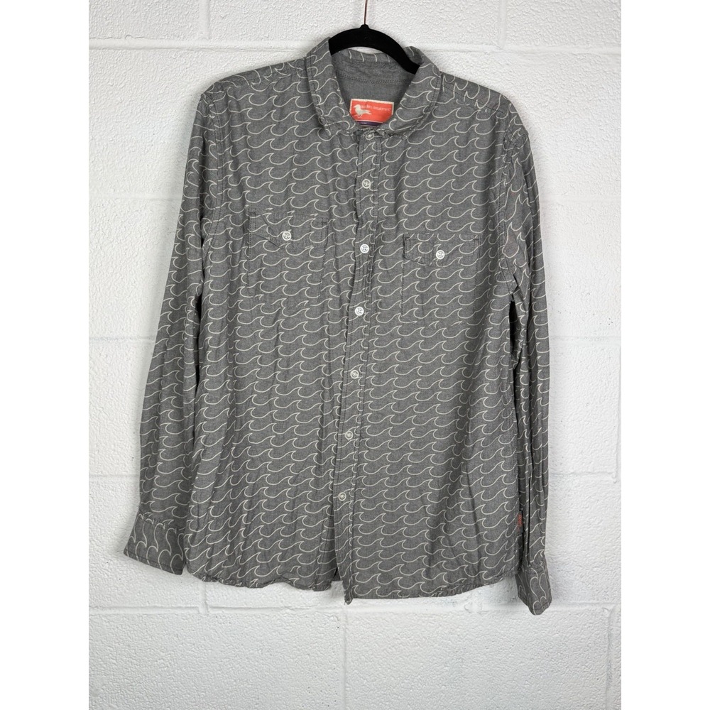 Modern Amusement Gray Wave Print Button Front Shirt Men's Large Cotton Casual
